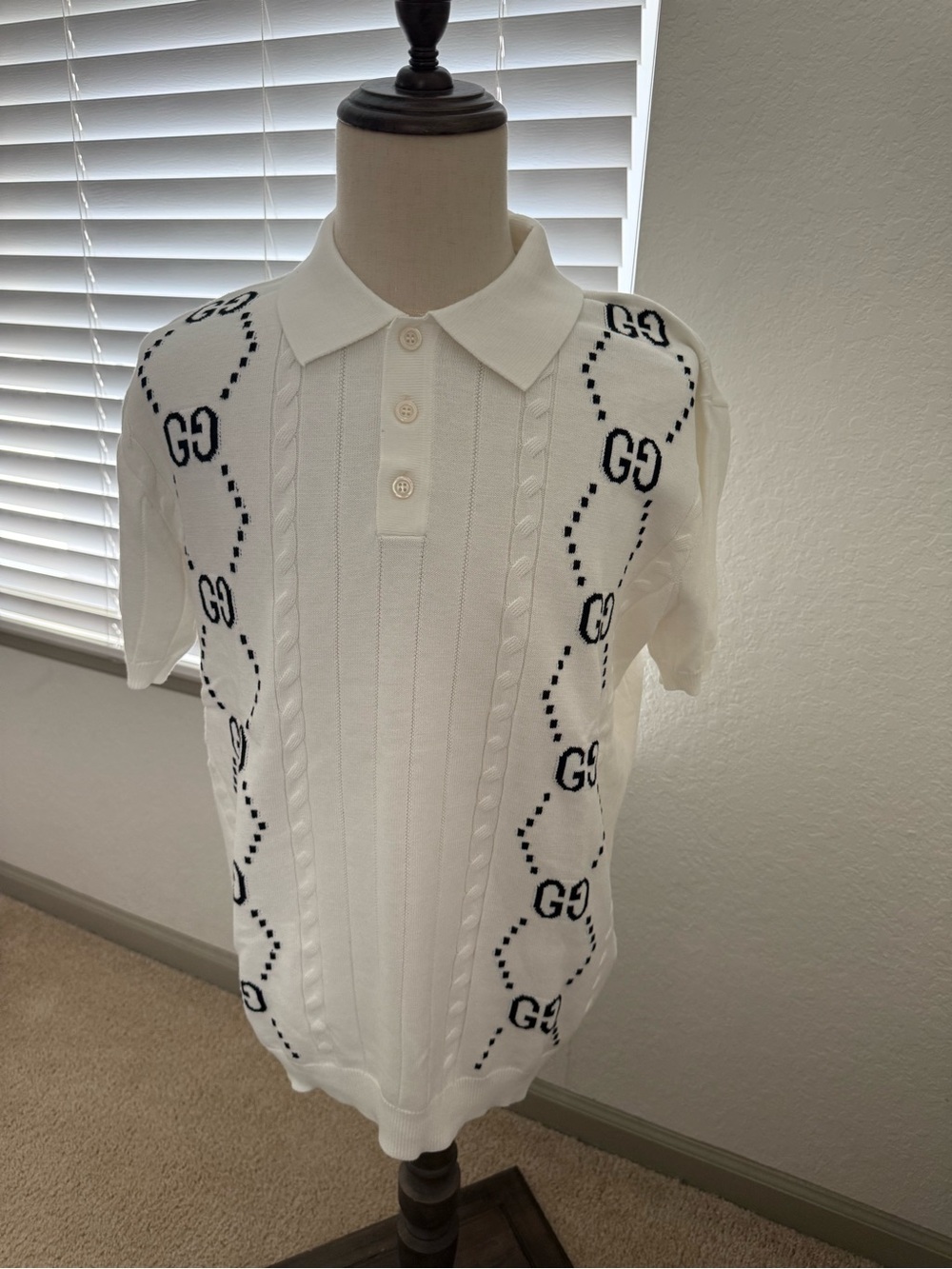 Gucci White GG Monogram Knit Polo Shirt Short Sleeve
